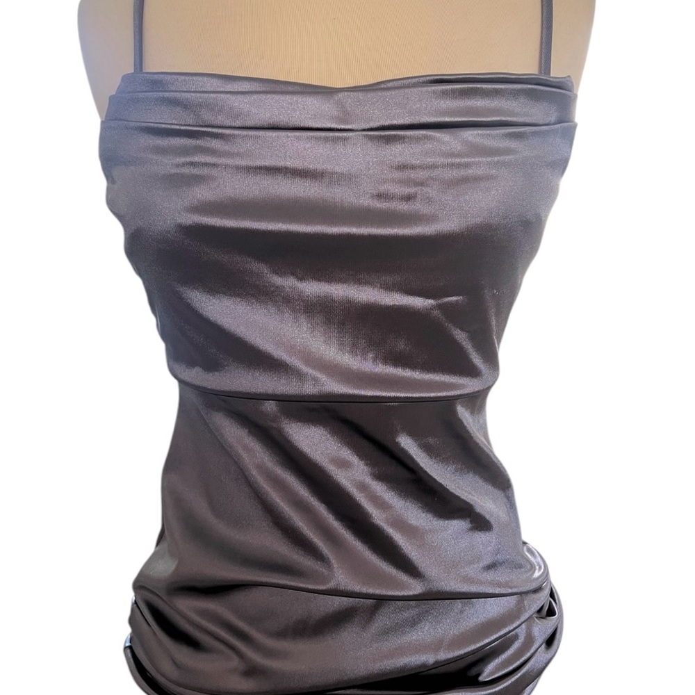 Windsor Blue Satin dress with Ruched Bodice